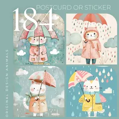オリジナルデザイン アニマル ポストカード ステッカー マット紙 選べるタイプ 同柄 ハガキサイズ 可愛い 癒し イラスト 紙もの コラージュ 猫 傘 雨 レインコート 水彩 ほのぼの 優しいアート 絵本風 パステル 184