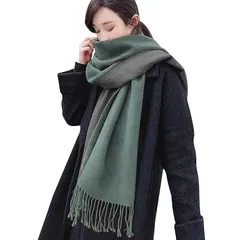 [Trnvco] マフラー レディース 厚手 カシミヤタッチ 秋冬定番 ストール 大判 リバーシブル ショール 両面使える スカーフ 襟巻き 無地 フリンジ付き 防寒 暖かい ふわふわ おしゃれ クリスマスプレゼント 男女兼用 (グリーン) 1
