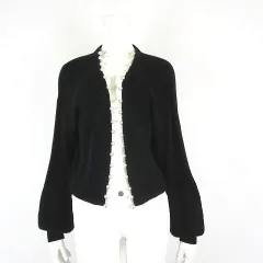 ナチュラルビューティーベーシック NATURAL BEAUTY BASIC パール トリム ショート ニット カーディガン 畦編み トッパー 羽織り ドロップショルダー 長袖 M 黒 ブラック