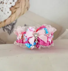 犬　猫首輪　薄紫花柄リボン　シフォン　リボン　ハートパーツ付きハートチャーム