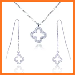 【新品】 [Adelina Style] ネックレス レディース 人気 幸運の四つ葉 クローバー 高輝度ジルコアニア シルバー よつば ペンダント 金属アレルギー対応 S925純銀 (シルバー ネックレス・ピアスセット) 0