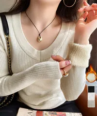 裏起毛ニットトップス Vネックリブニット