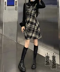 チェック柄サスペンダーワンピースベルト付