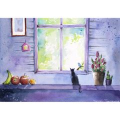 momorinさま専用（原画）窓辺の猫 #2【A5サイズ／水彩画／#3026a