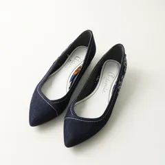 アルテミス バイ ダイアナ artemis by DIANA フラワー刺繍 ポインテッドトゥ デニムフラットパンプス 22cm インディゴ┃【2400014795332】