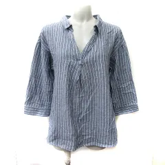 ハッシュアッシュ HusHusH シャツ ブラウス オープンカラー プルオーバー ストライプ 七分袖 3 M～L 紺 ネイビー /YI