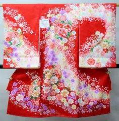 お宮参り 産着 のしめ 女児 女の子 正絹 赤色 綸子地 豪華絢爛 金刺繍 祝着 初着 一つ身 掛け着 熨斗目 NO43004