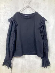 美品 ZARA ザラ 裏起毛 袖レース切替 カットソー sizeM/黒 ■■レディース