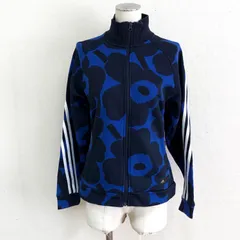 adidas×マリメッコ 21AW ウィメンズ MARIMEKKOトラックトップ H39728 ウニッコ×スリーストライプ 裏起毛 フルジップスウェット ラグランスリーブ ブルー M