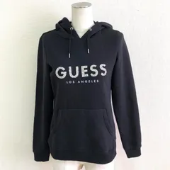 GUESS ラインストーングリッターロゴフーディ 裏起毛スウェットプルパーカー カンガルーポケット付き ブラック XS