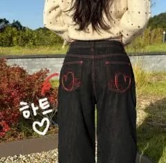 新品 ハート デニム POINT 生デニム ブラックパンツ ワイド Long S