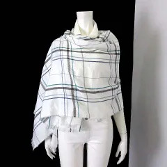 ストール ショール 大判 チェック柄 白 ホワイト ブルー グリーン 美品