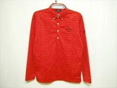 良品★Callaway キャロウェイ ボタンダウン 長袖ポロシャツ Lサイズ 赤 総柄 ロゴ刺繍 ストレッチ 裏微起毛