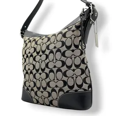 【美品】コーチ COACH シグネチャー ショルダーバッグ 斜め掛け クロスボディ キャンバス レザー グレー ブラック 黒 シルバー金具 6346 F2K-6346 ビンテージ クラシック ホーボー バケツ型 レディース 鞄 カバン カジュアル U12