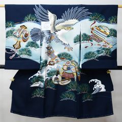 美品　正絹　お宮参り一つ身着物＆長襦袢セット　男の子　紺 お宮参り 着物 男の子 正絹 産着 長襦袢付 販売 祝着 宮参り : 部坂