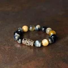 ミックスタイガーアイ × 真鍮 ブレスレット｜黄虎眼石・青虎眼石｜一点もの｜ユニセックス｜ハンドメイド 数量限定 一点もの 手作り プレゼント おしゃれ 誕生日 ギフトにもおすすめ レトロデザイン  SGYP254