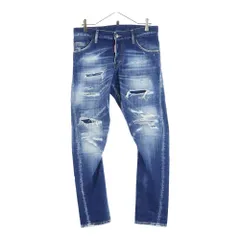 DSQUARED2 (ディースクエアード) 23SS ロゴ パッチ ダメージウォッシュ加工 ボタンフライ デニムパンツ インディゴブルー S74LB1265