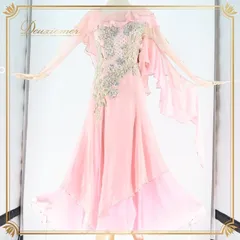 社交ダンス 衣装 スタンダードドレス ワンピース ドレス スタンダード ピンク フロート レース デモ 競技 ダンス パーティ 発表会 落ち感 綺麗 華やか 明るい ピンク系 柔らかい 素材 揺れる スカート シフォン 2枚重ね ふわふわ おしゃれ エレガント