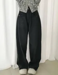 ミニポエ カバー ウォッシュ サイド ピンタック ワイド デニム パンツ ブラックデニム