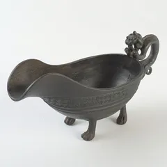 中国　古銅　雷文　神獣持ち手　匜　爵杯　C　S637