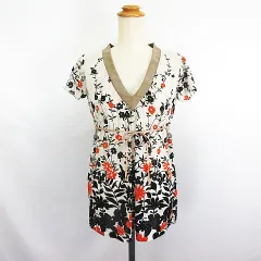 グローブ grove チュニック ワンピース 半袖 Vネック 花柄 シアー ライトベージュ×ブラック×ブラウン ※EKM