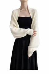 [RosaSolFeliz] ボレロ カーディガン レディース 長袖 ニット ショート 丈 ドルマンスリーブ リブ トップス セーター カットソー オフィス 通年 無地 定番 伸縮 伸びる フィット 細身 スリム ベーシック シンプル 上品 きれ [ホワイト]