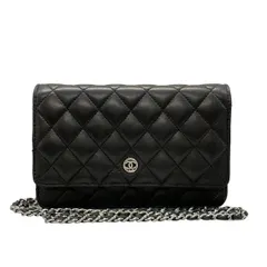 CHANEL(シャネル) 財布 マトラッセ 黒 チェーンウォレット/シルバー金具 ラムスキン