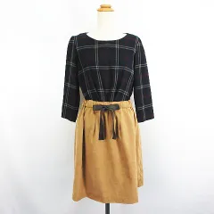 テチチ Te chichi ワンピース チュニック 七分袖 ラウンドネック ひざ丈 ドッキング チェック 無地 M ネイビー/ベージュ ※EKM