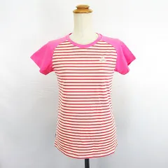 アディダス adidas Tシャツ カットソー 半袖 クルーネック ボーダー ロゴ M ベージュ×ピンク スポーツウェア ※EKM