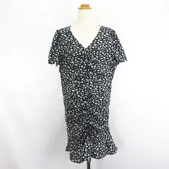 ジーユー GU ワンピース チュニック 半袖 Vネック ひざ丈 フロントギャザー 花柄 XXL ブラック ※EKM