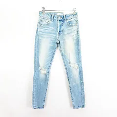 アズールバイマウジー AZUL by moussy デニム ジーンズ ボトムス スキニー ダメージ加工 裾カットオフ ストレッチ XS ライトブルー ※EKM