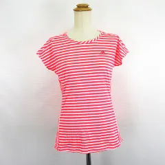 アディダス adidas Tシャツ カットソー 半袖 クルーネック ボーダー ロゴ M ピンク×ホワイト スポーツウェア ※EKM