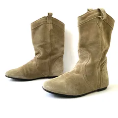 イタリア製◎ 【FABIO RUSCONI】ファビオルスコーニ スエード ミドル丈 ウエスタン ブーツ ぺたんこ フラット 秋冬 歩きやすい お出掛け デート ベージュ レディース サイズ36 (23.0cm相当)/M41551UU