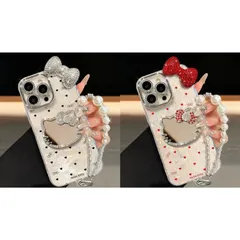 スマホケース　立体リボン　鏡　ミラー　ストラップ付き　カメラ保護　iPhone対応　アイフォンケース　iPhone16pro/16promax15/14/14/14/13/12/11　可愛いケース　海外限定　2カラー選択可能