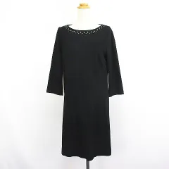 自由区 オンワード樫山 ワンピース チュニック 七分袖 ラウンドネック ひざ丈 ウール ビジュー 38 ブラック ※EKM