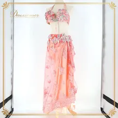 ベリーダンス オリエンタル 衣装 上下セット ピンク系 トップス スカート ラインストーン ビーズ 淡い かわいい スリット 豪華 装飾 ダンス衣装 ステージ イベント キラキラ 華やか 目立つ シルバー系