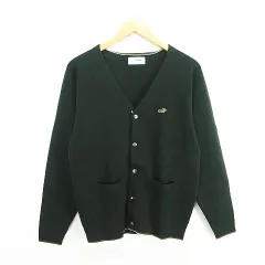 クロコダイル CROCODILE ニット カーディガン 長袖 Vネック ウール混 ロゴ M ダークグリーン ※EKM