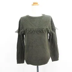 アースミュージック&エコロジー EARTH MUSIC & ECOLOGY ニット セーター 長袖 丸首 フリンジ 切替 ウール混 F カーキ ※EKM