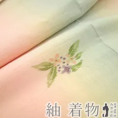 【中古】 紬 着物 リサイクル 正絹 袷 手織り ピンク グリーン クリームイエロー 縦ぼかし 草花 花 カジュアル 春 秋 冬 紬 着物 ガード加工済み 仕立て上がり 身丈165 裄丈65 Ｍ～Ｌサイズ みやがわ sb16283