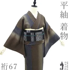 【新古品】 平紬 着物 未使用 正絹 袷 手ぼかし染 グレー 茶グレー こげ茶 三色ぼかし 市松 ますいわ屋扱い カジュアル 春 秋 冬 紬 着物 総裏仕立て 美品 仕立て上がり 身丈158 裄丈67 Ｍサイズ みやがわ sb16851