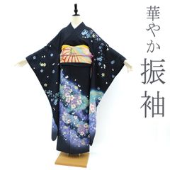 606z61☆振袖 銀通し 古典柄 銀彩 地紋 桜 黒☆美品 成人式 結婚式 