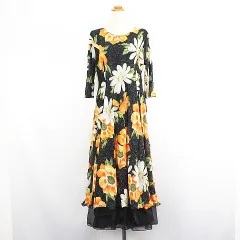 JUN FAHION ドレス ワンピース 七分袖 ラウンドネック ロング丈 マキシ丈 フリル 花柄 ラメ ラインストーン マルチカラー 社交ダンス ※EKM