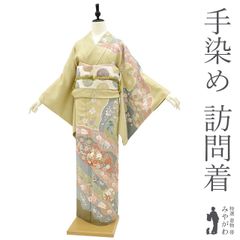 訪問着＊袷着物 立波に螺旋 花模様 落款有 略礼装 ベージュ 正絹 25H06 