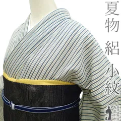 【中古】 夏物 小紋 着物 リサイクル 単衣 正絹 絽 紺 ブルーグレー 淡茶 オフホワイト 変わり縞 夏 カジュアル 夏着物 夏用 着物 背伏せ仕立て 仕立て上がり 身丈168 裄丈69 Ｌサイズ みやがわ sb16638