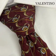 《美品》VALENTINO (ヴァレンティノ) シルクネクタイ イタリア製 総柄 幾何学模様 花 ワインレッド シルバー ホワイト ゴールド