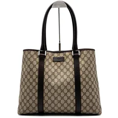 美品 GUCCI グッチ トートバッグ GG スプリーム ロゴプレート PVC レザー 肩掛け 大容量 多収納 A4可 PC可 ベージュ ブラウン シリアル有