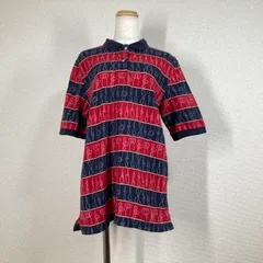 【ランズエンド】ポロシャツ　LANDS END　赤　ネイビー　M　L　半袖　90s　90年代 綿　コットン　総柄　幾何学柄　ボーダー