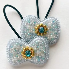 【キッズヘアゴム】キラキラビジューのりぼんヘアゴム 2つセット｜淡いブルー×ゴールド｜発表会・セレモニー・プレゼント・入卒園式にも♡