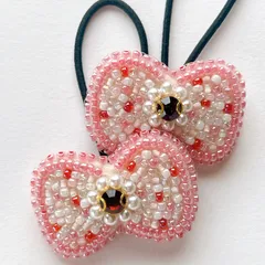 【キッズヘアゴム】キラキラビジューのりぼんヘアゴム 2つセット｜くすみレッド×パール｜発表会・セレモニー・プレゼント・入卒園式にも♡