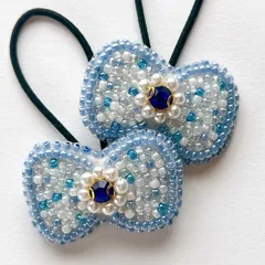 【キッズヘアゴム】キラキラビジューのりぼんヘアゴム 2つセット｜くすみブルー×パール｜発表会・セレモニー・プレゼント・入卒園式にも♡